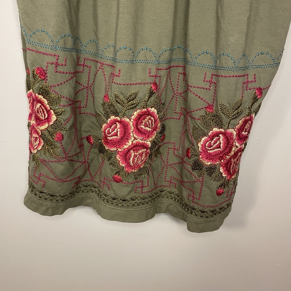 Johnny Was Top Dress Women's L Embroidered Boho Tank Tee Olive Green Floral - Picture 3 of 9